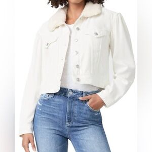 PAIGE Women’s Blythe Puff Shoulder Denim Jacket W/Faux Shearling Collar Sz S NWT